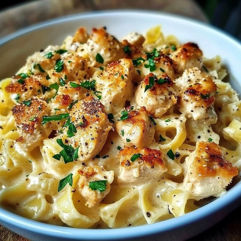 Creamy garlic parmesan chicken pasta with herbs in a bowl