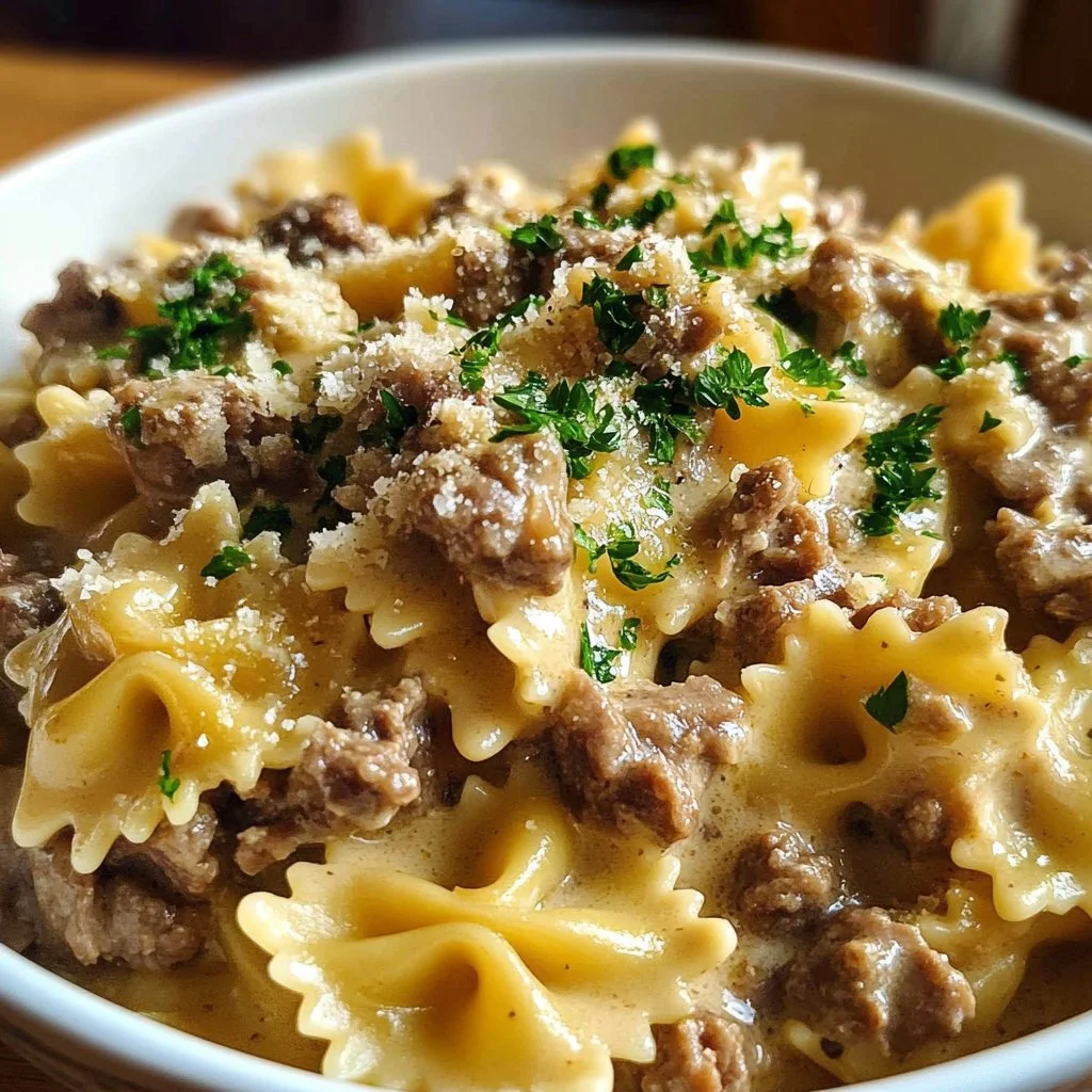 Creamy Parmesan Garlic Beef Bowtie Pasta served in a bowl