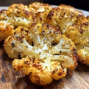 Crispy baked cauliflower steaks served on a plate with herbs