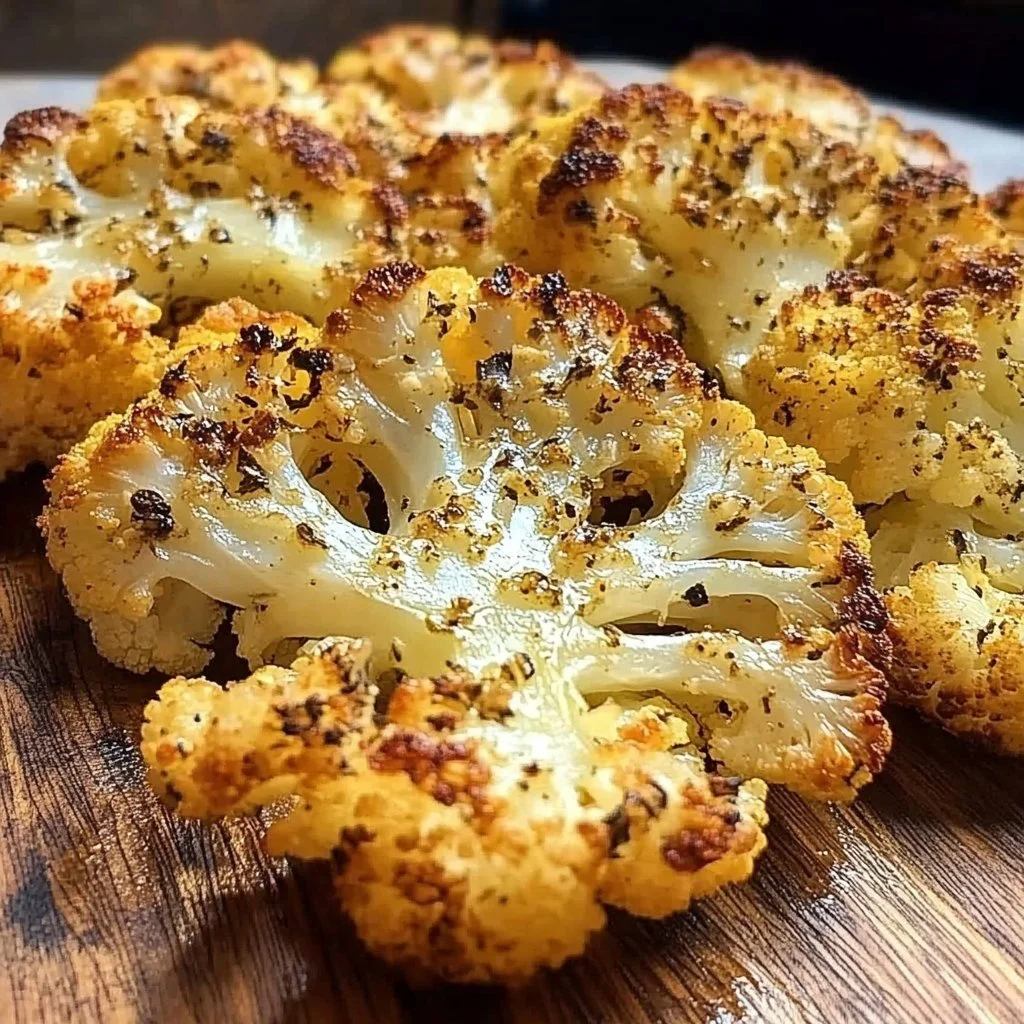 Crispy baked cauliflower steaks served on a plate with herbs