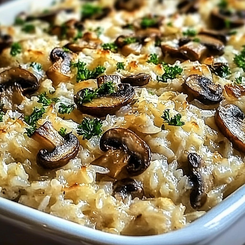 Vegetarian Garlic Mushroom Rice Bake