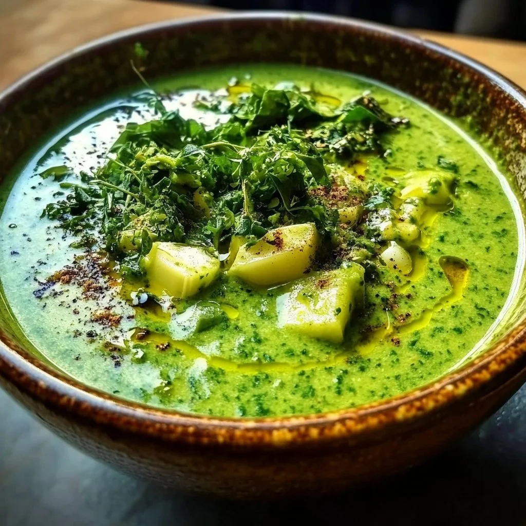 Healthy green detox soup filled with nutritious vegetables and herbs.