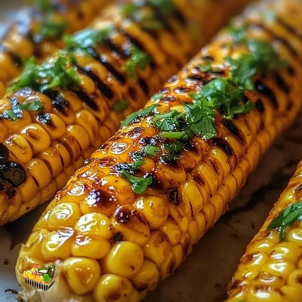 Grilled corn on the cob with chili lime butter garnished for a summer barbecue