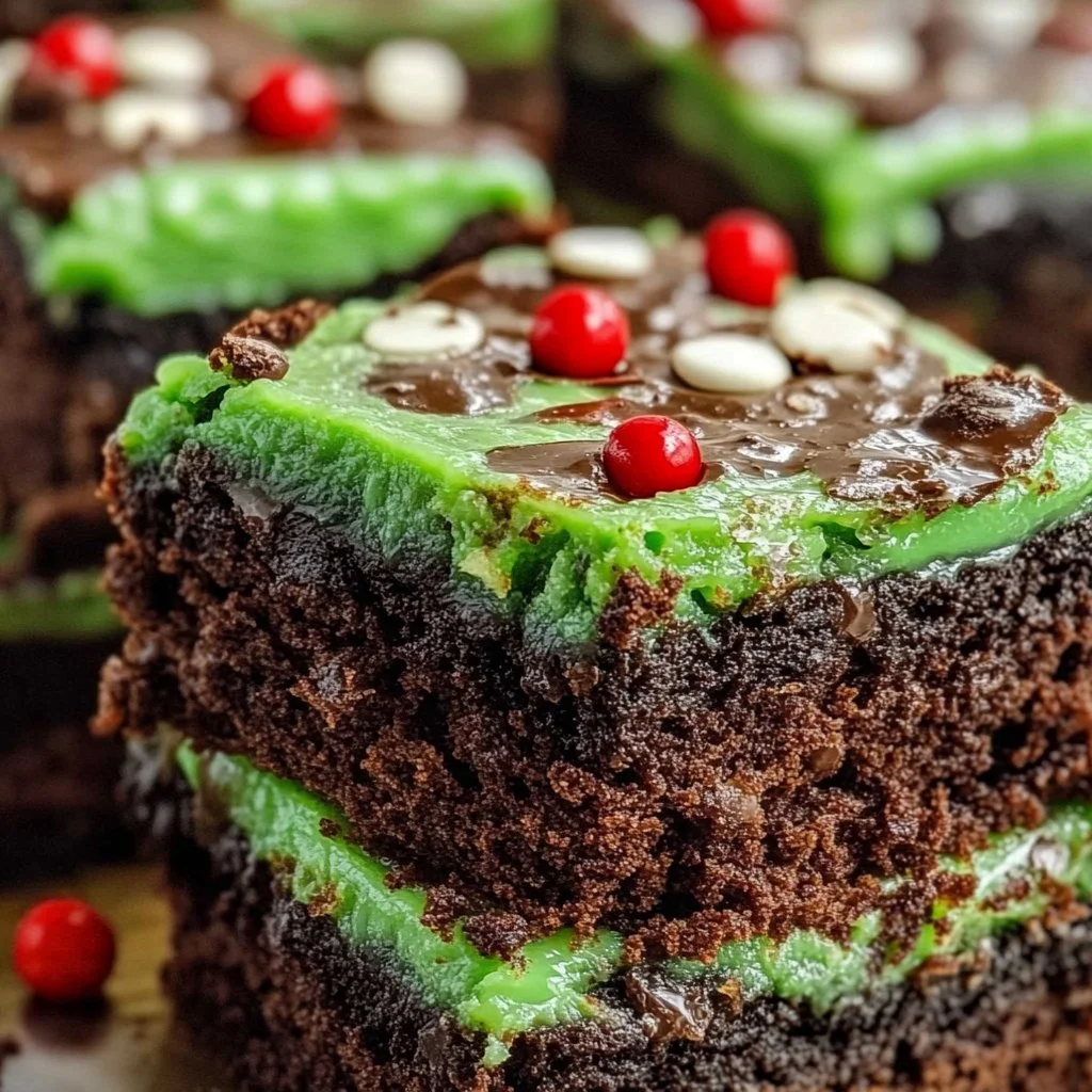 Festive Grinch Brownies with vibrant green frosting and red accents for the holiday season.