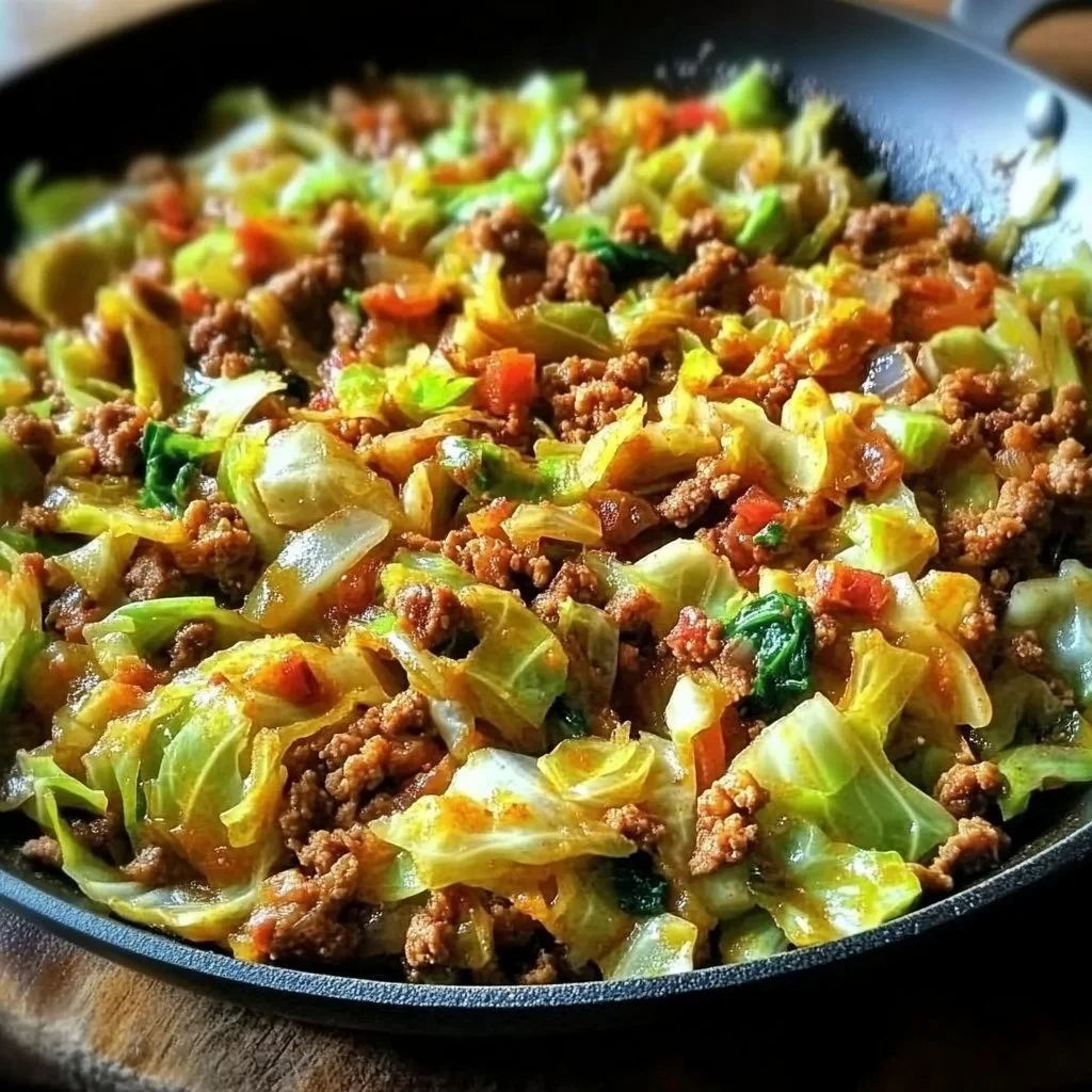 Healthy Ground Turkey Cabbage Skillet meal in a pan ready to serve