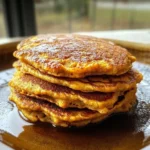 Delicious high protein pumpkin protein pancakes served with syrup and pumpkin seeds