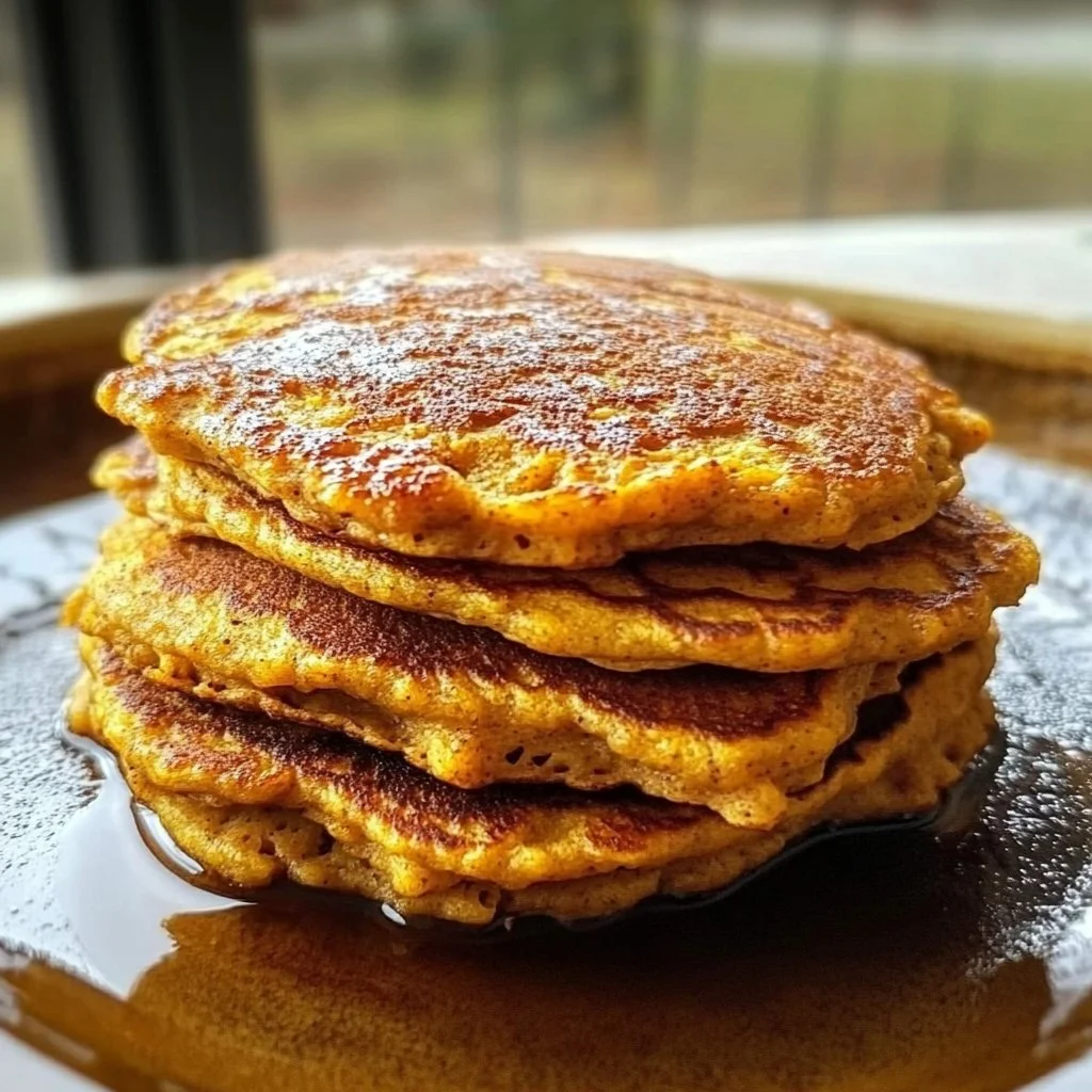 Delicious high protein pumpkin protein pancakes served with syrup and pumpkin seeds