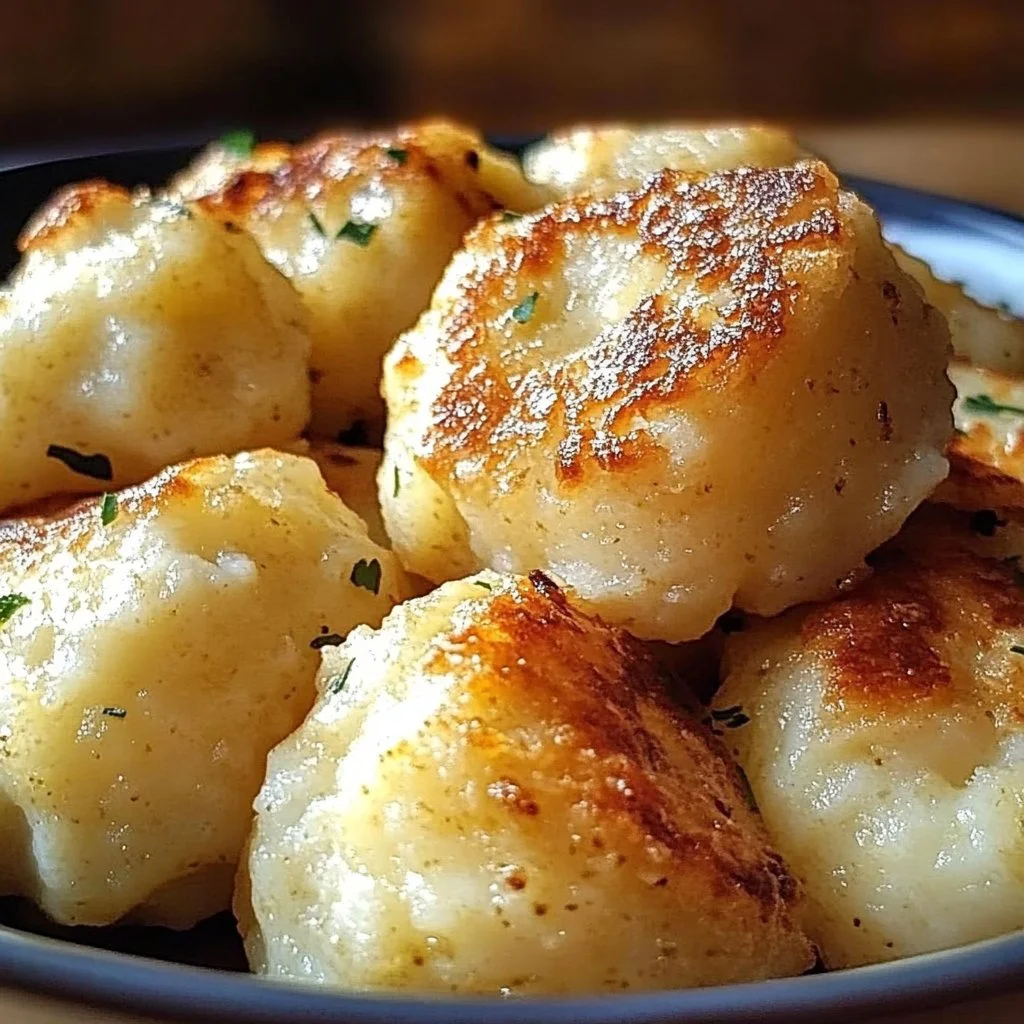 Homemade German potato dumplings served with a side of gravy