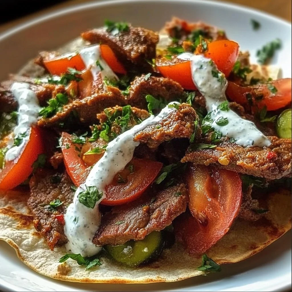 Delicious homemade gyro meat served with fresh vegetables and pita.