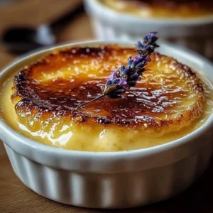 Lavender Crème Brûlée dessert with caramelized sugar topping