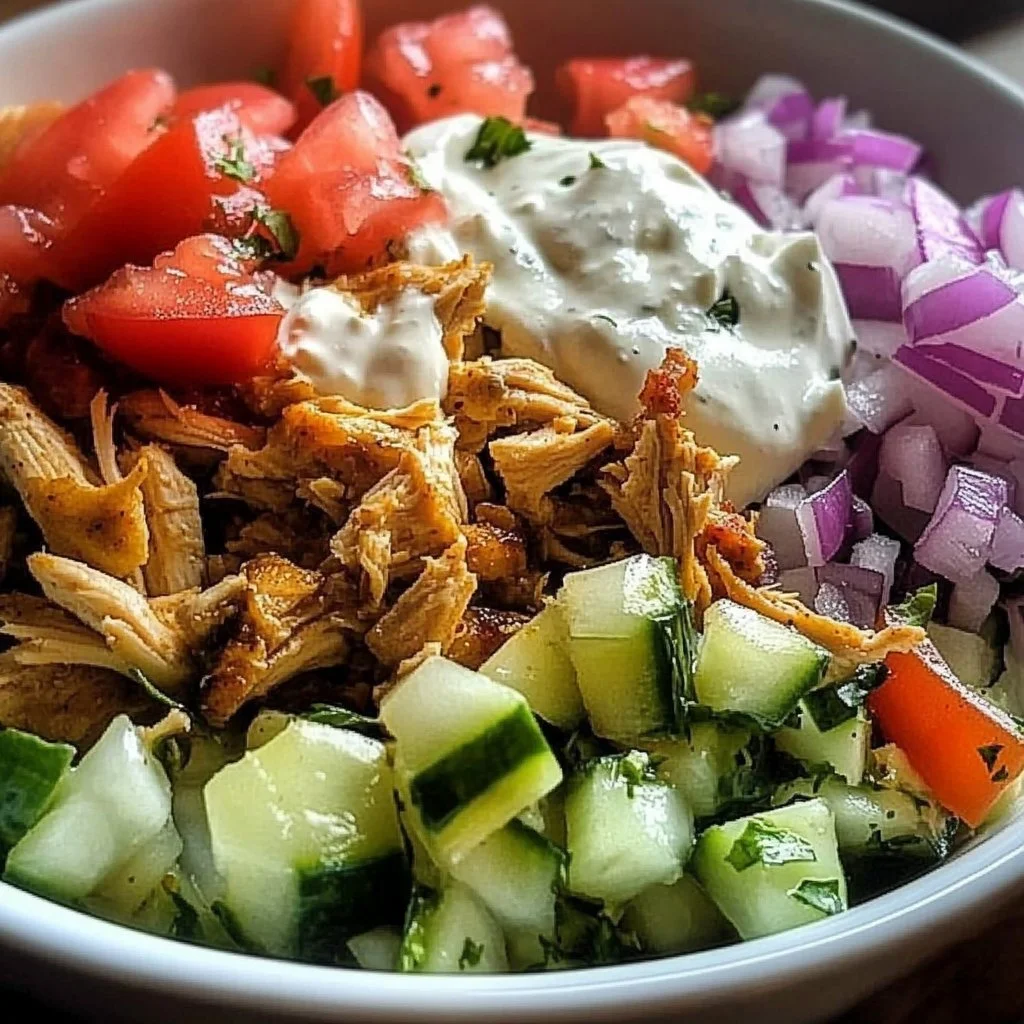 Delicious leftover chicken gyros bowls topped with fresh veggies and tzatziki sauce.