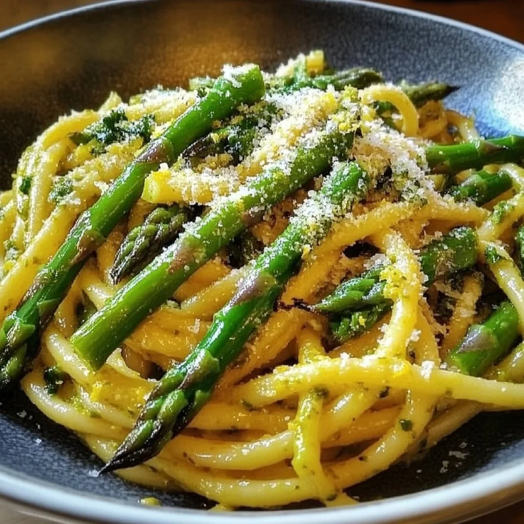 Plate of Lemon Asparagus Pasta topped with Parmesan cheese and lemon zest
