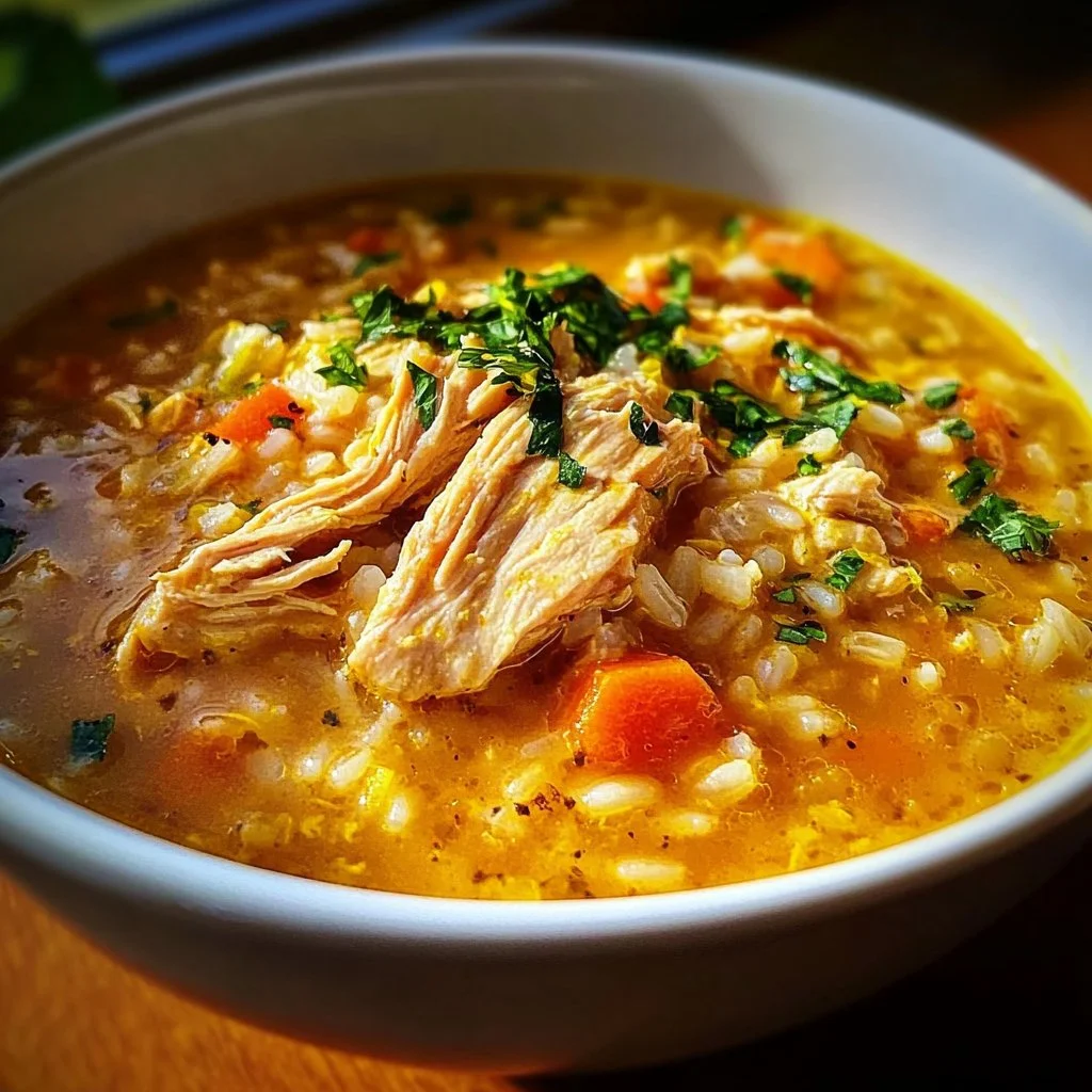 Bowl of lemon ginger turmeric chicken and rice soup garnished with fresh herbs