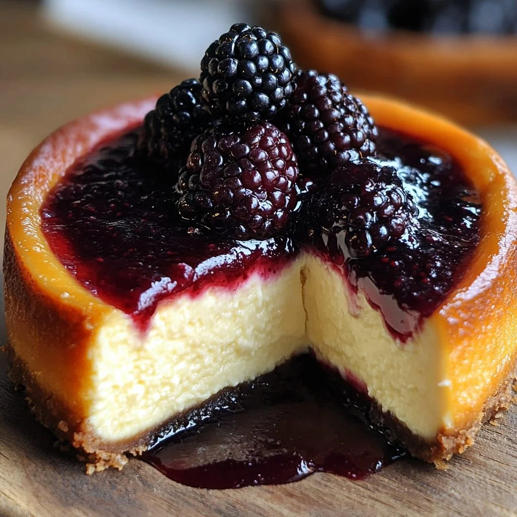 London Fog Basque Cheesecake with Blackberry Sauce on a white plate