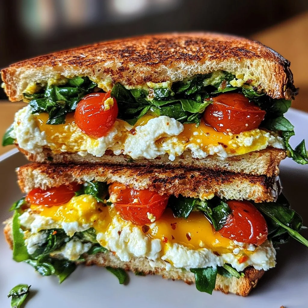 Mediterranean breakfast sandwich with fresh vegetables and herbs.