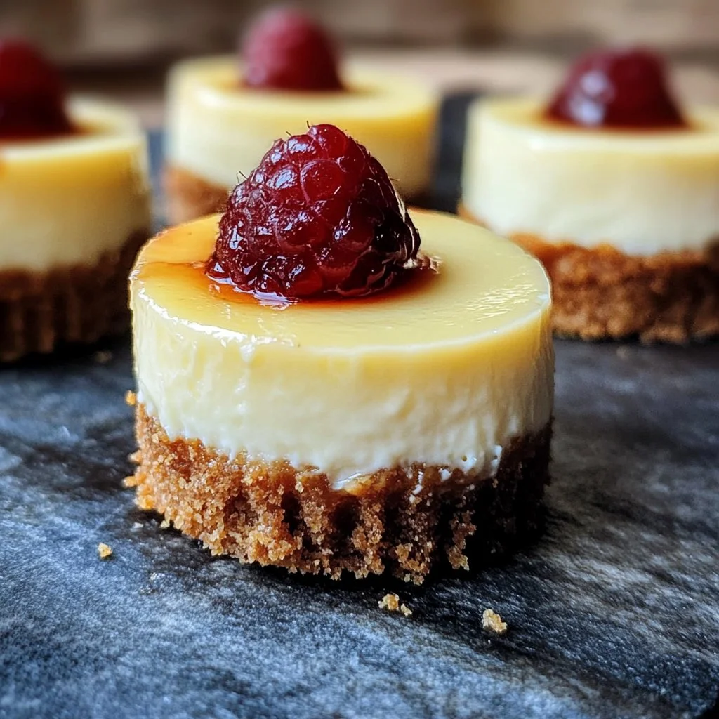 Delicious mini cheesecakes topped with fruit and drizzled with chocolate