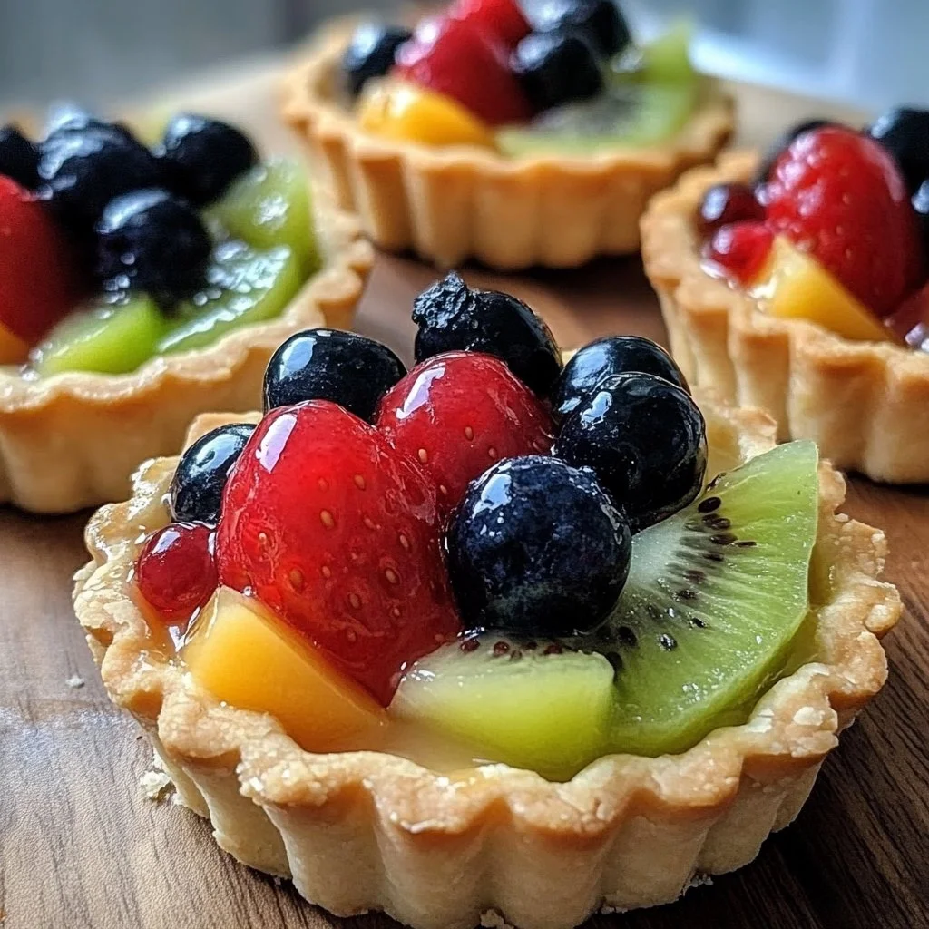 Mini fruit tarts topped with assorted fresh fruits and creamy filling