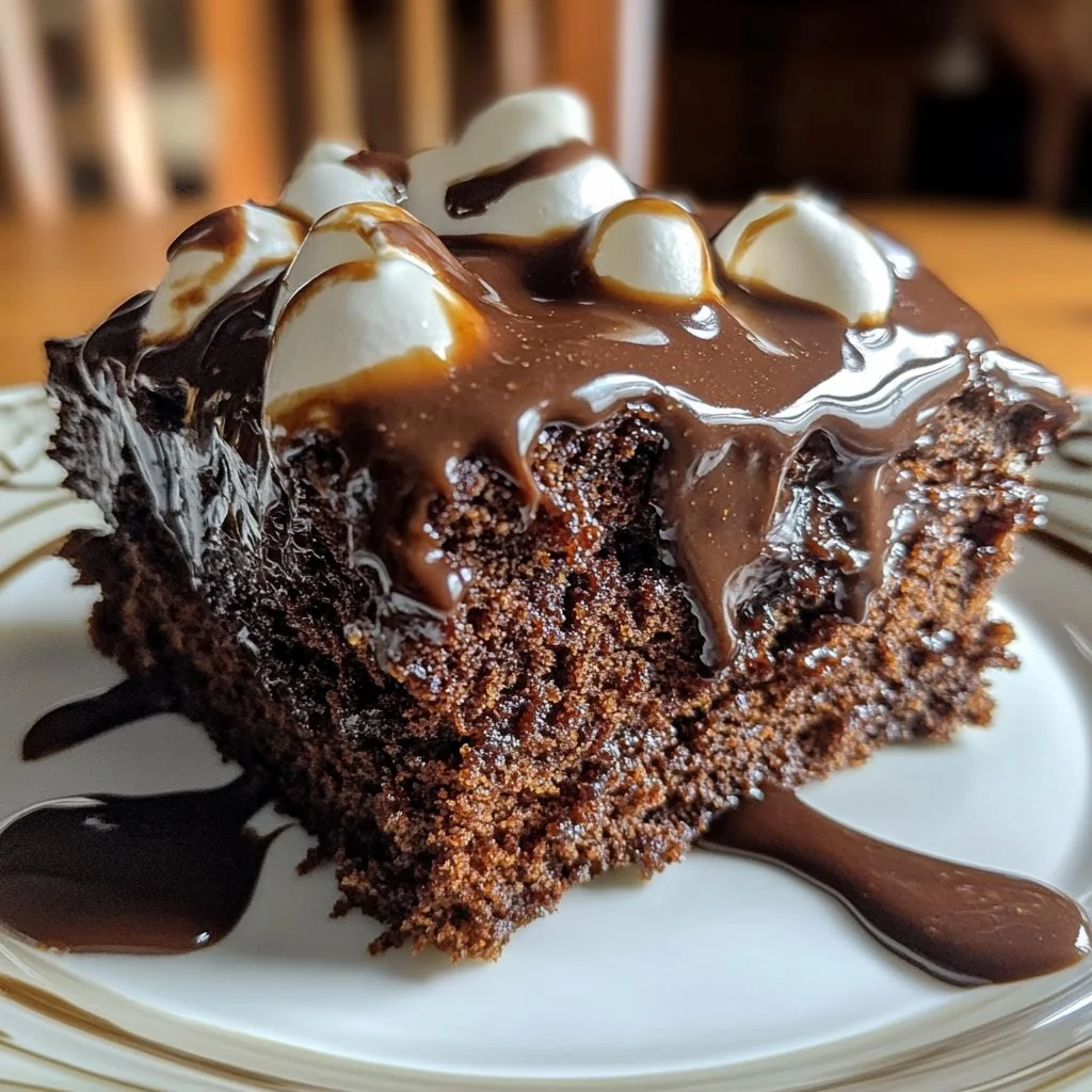 Delicious Mississippi Mud Cake topped with chocolate and marshmallows