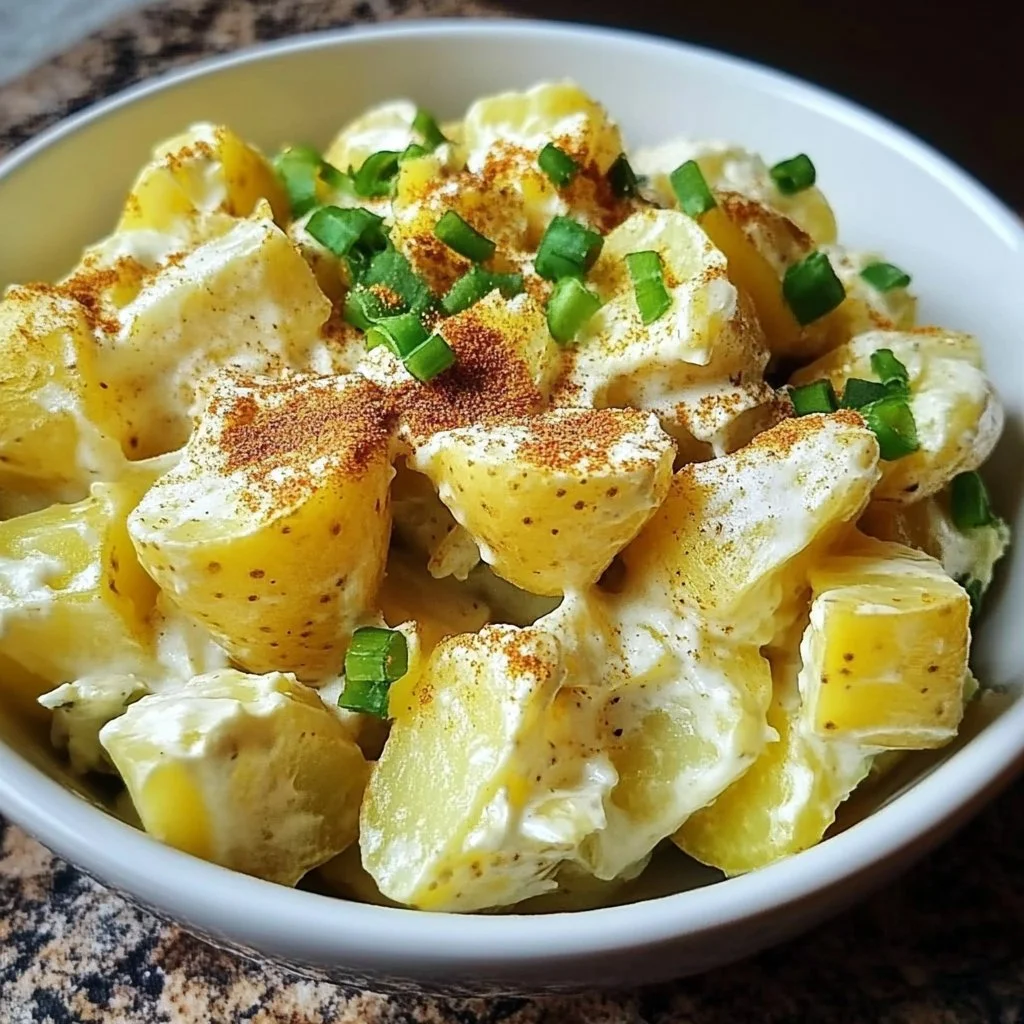 A bowl of vibrant mustard potato salad with herbs and spices.