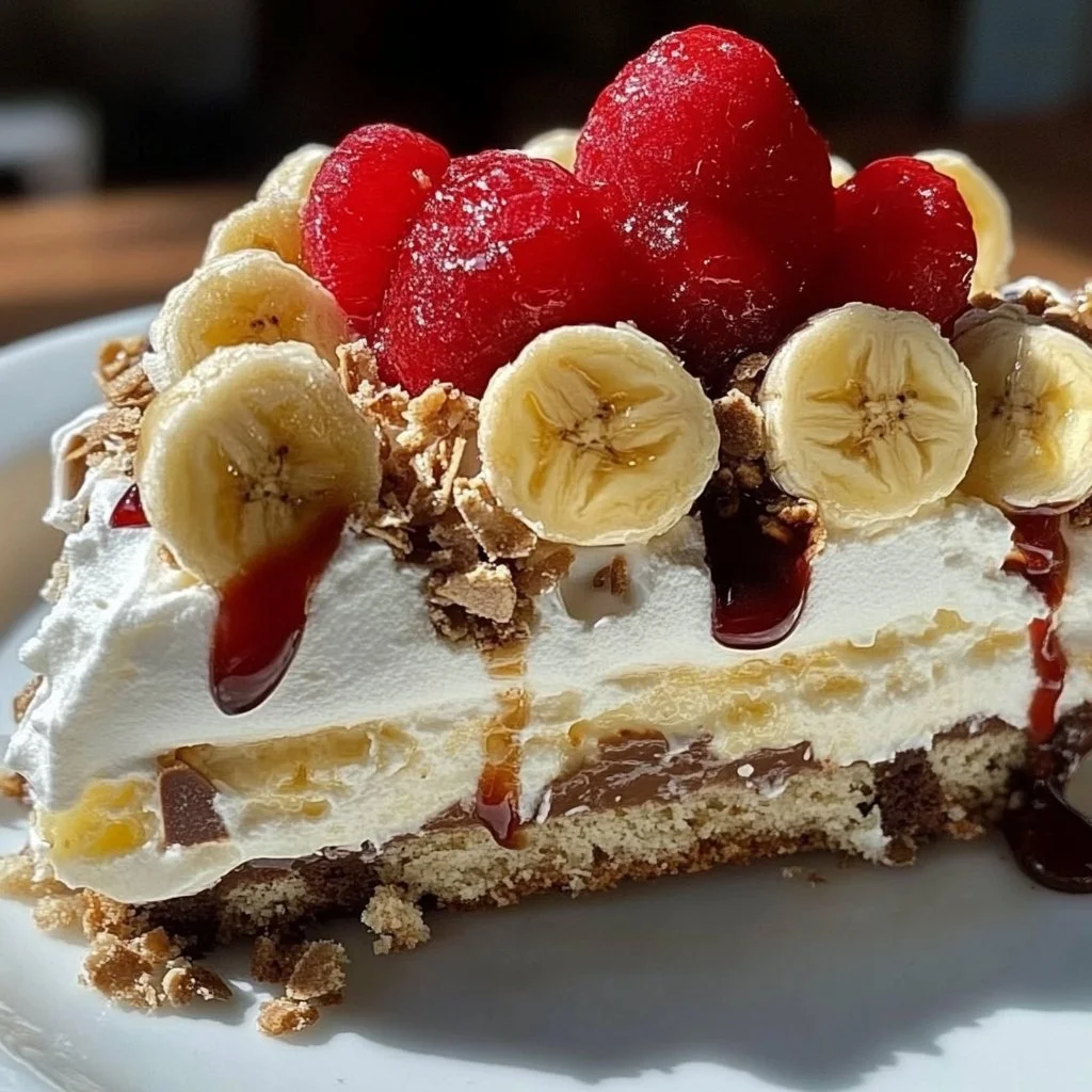 No bake banana split cake topped with whipped cream and cherries