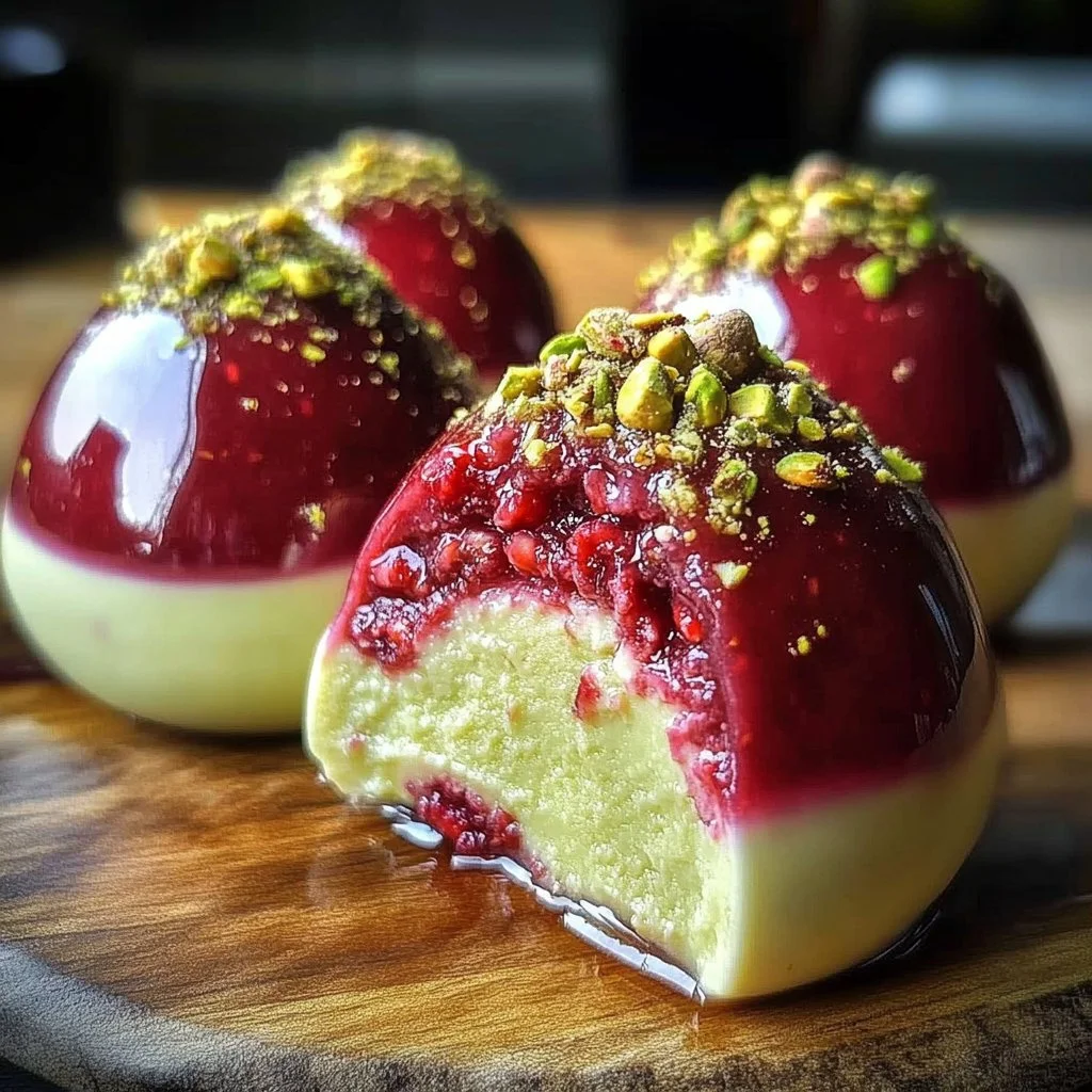 No-bake pistachio raspberry cheesecake domes on a serving platter