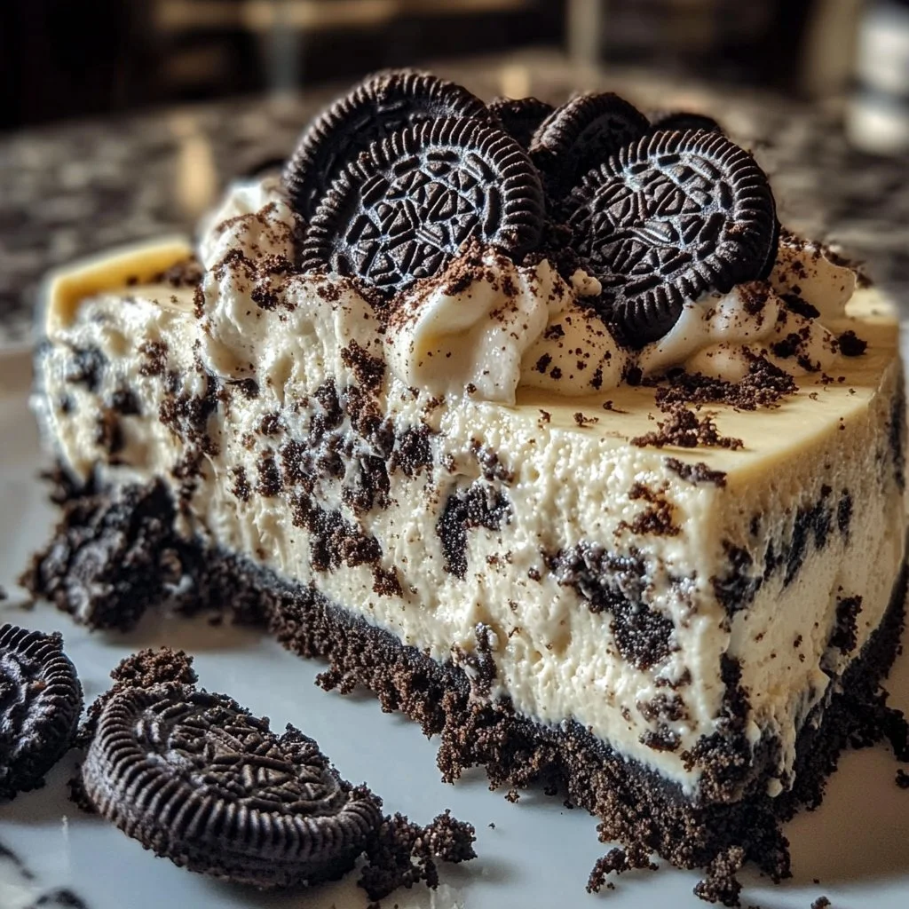 Delicious Oreo Cheesecake topped with crushed Oreos and chocolate drizzle