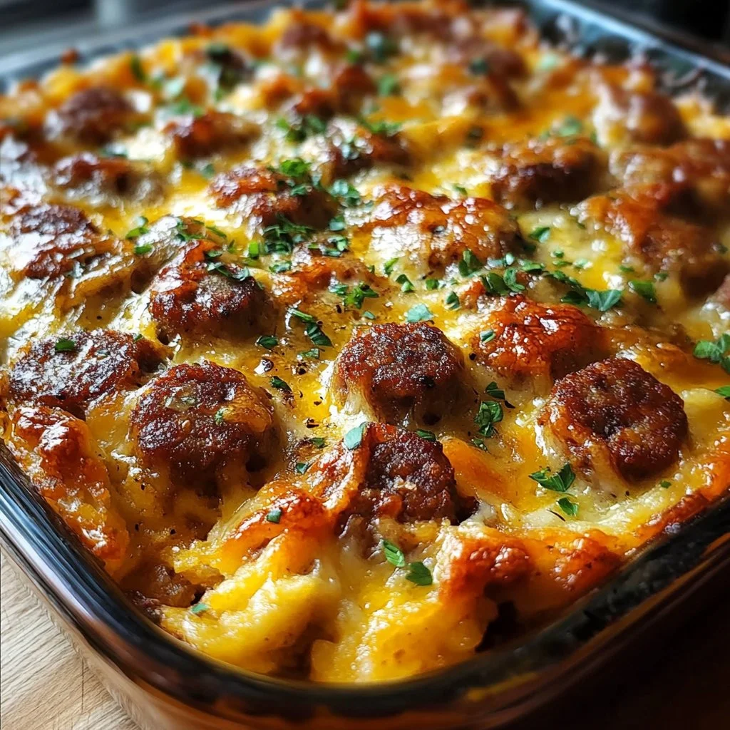 Delicious pancake sausage casserole served in a dish