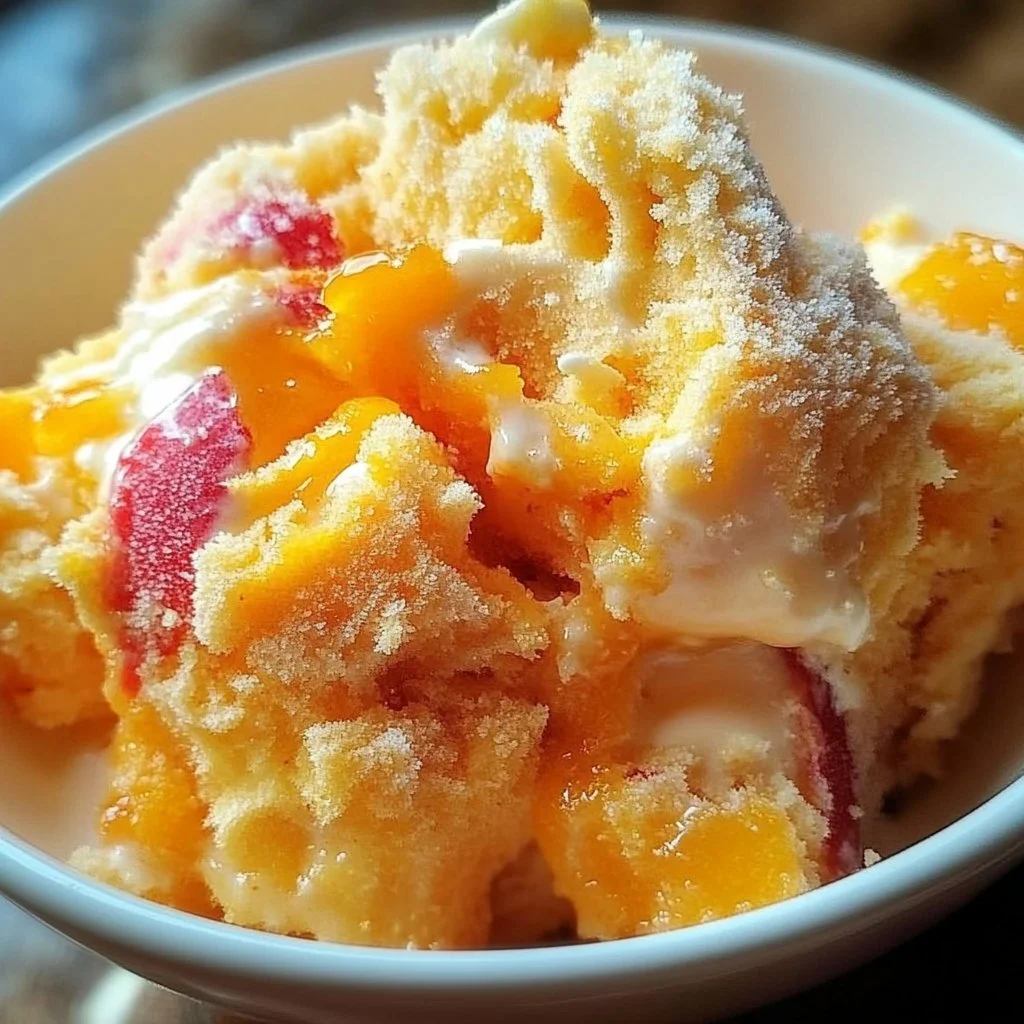 Serving of peach cobbler ice cream in a bowl with fresh peaches and crumbs on top