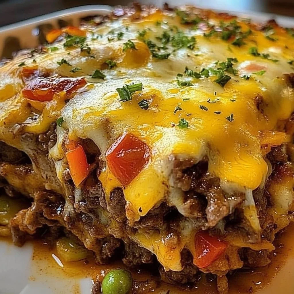 Delicious Philly cheese steak casserole served in a baking dish