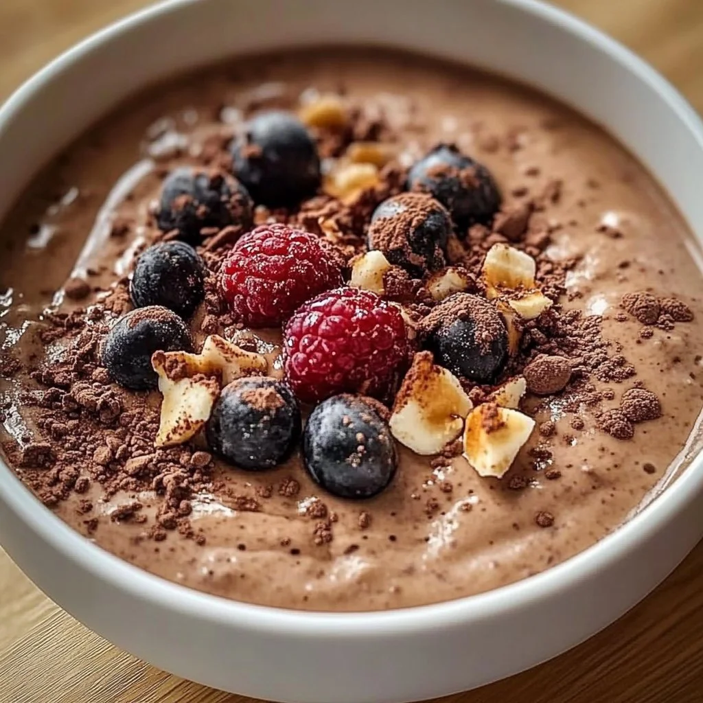 Creamy protein pudding topped with fresh berries in a bowl