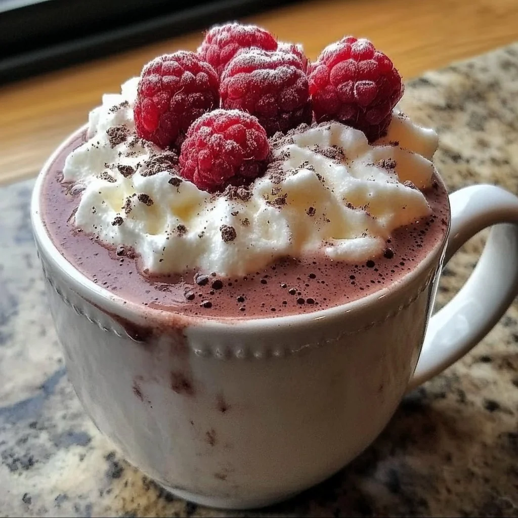 Delicious Raspberry Hot Chocolate topped with whipped cream and raspberries