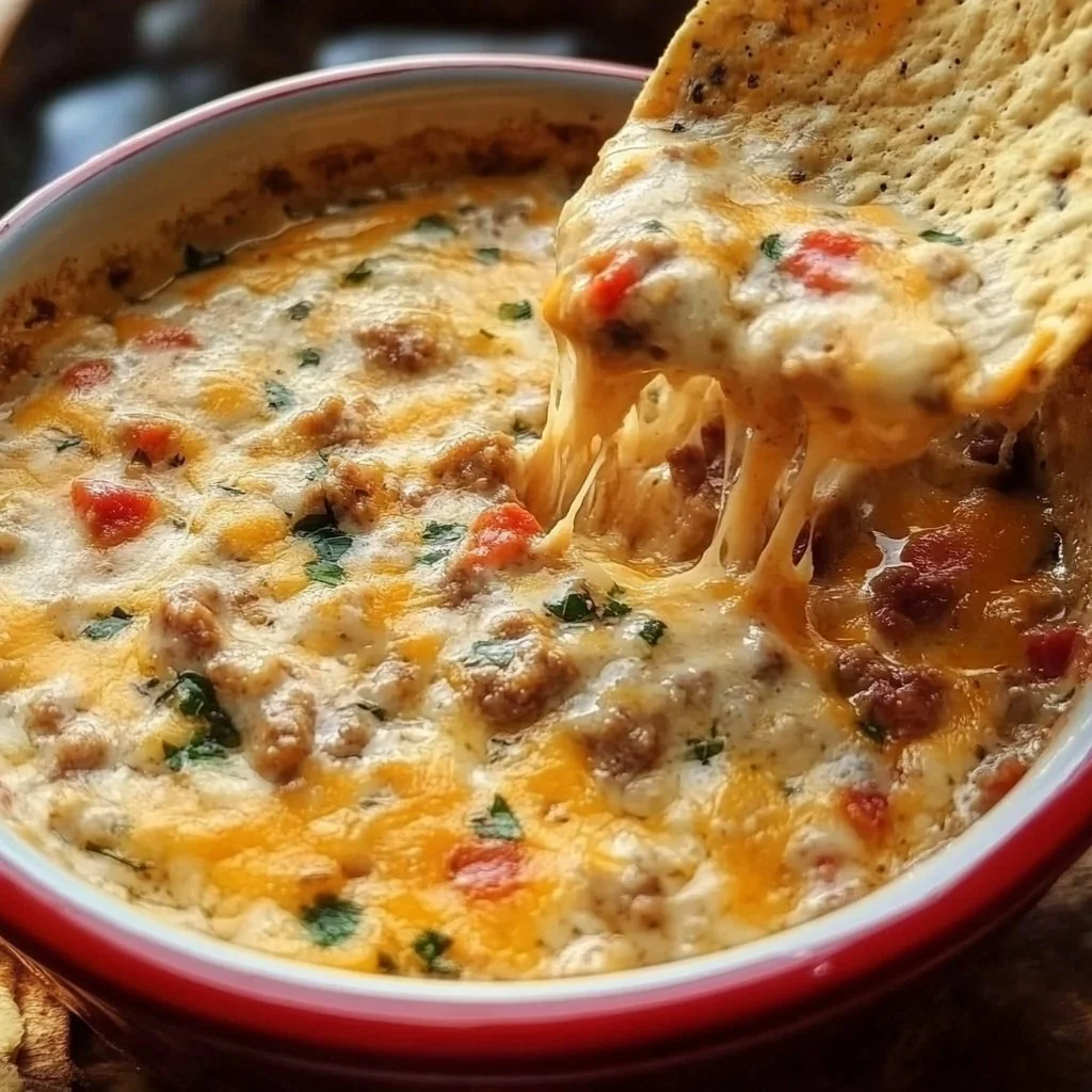 Creamy Sausage Queso Dip served with tortilla chips