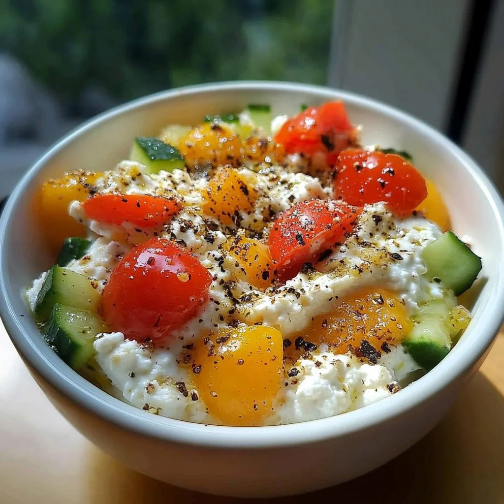 Savory Cottage Cheese Bowl topped with fresh vegetables and herbs