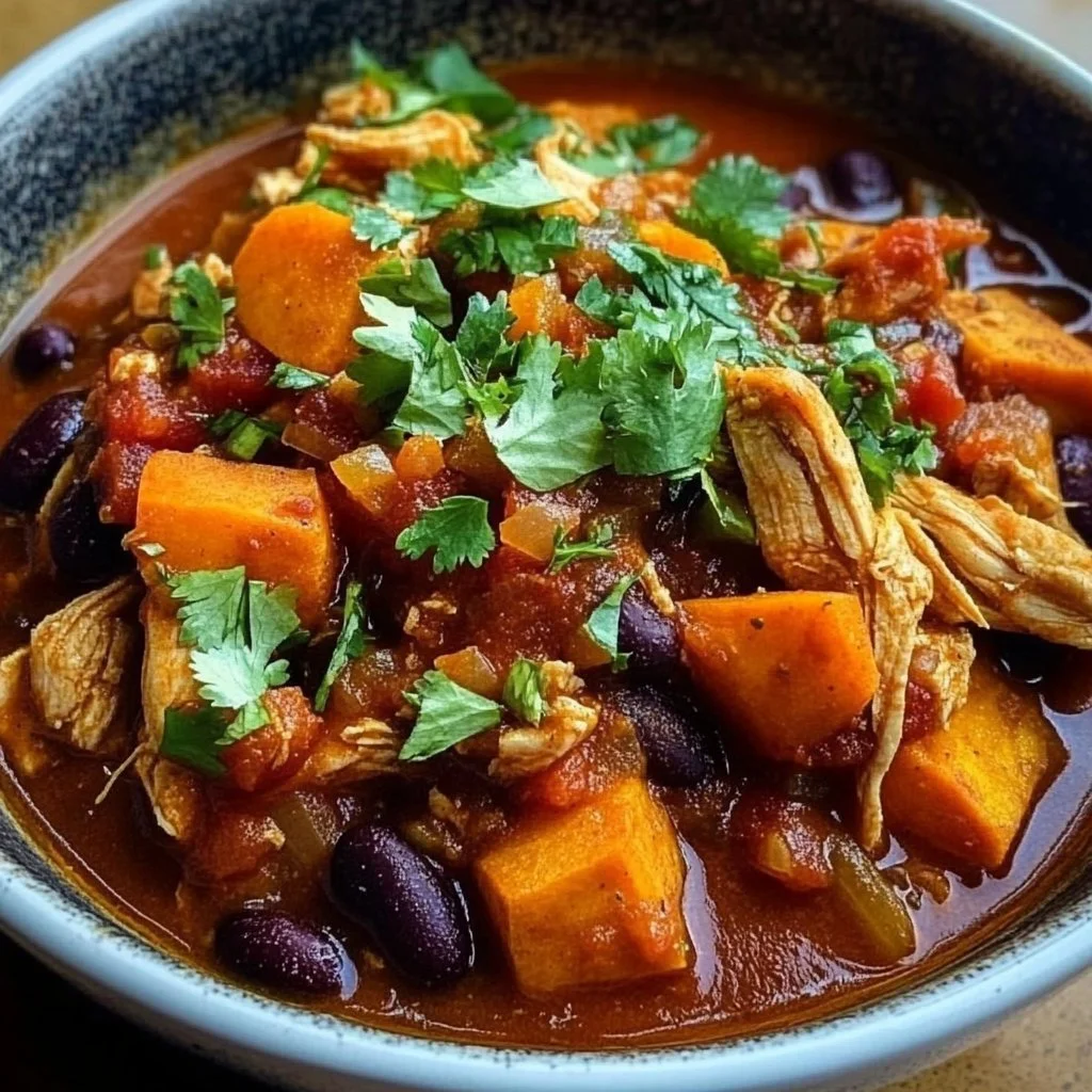 Bowl of slow cooker chicken and sweet potato chili topped with cilantro