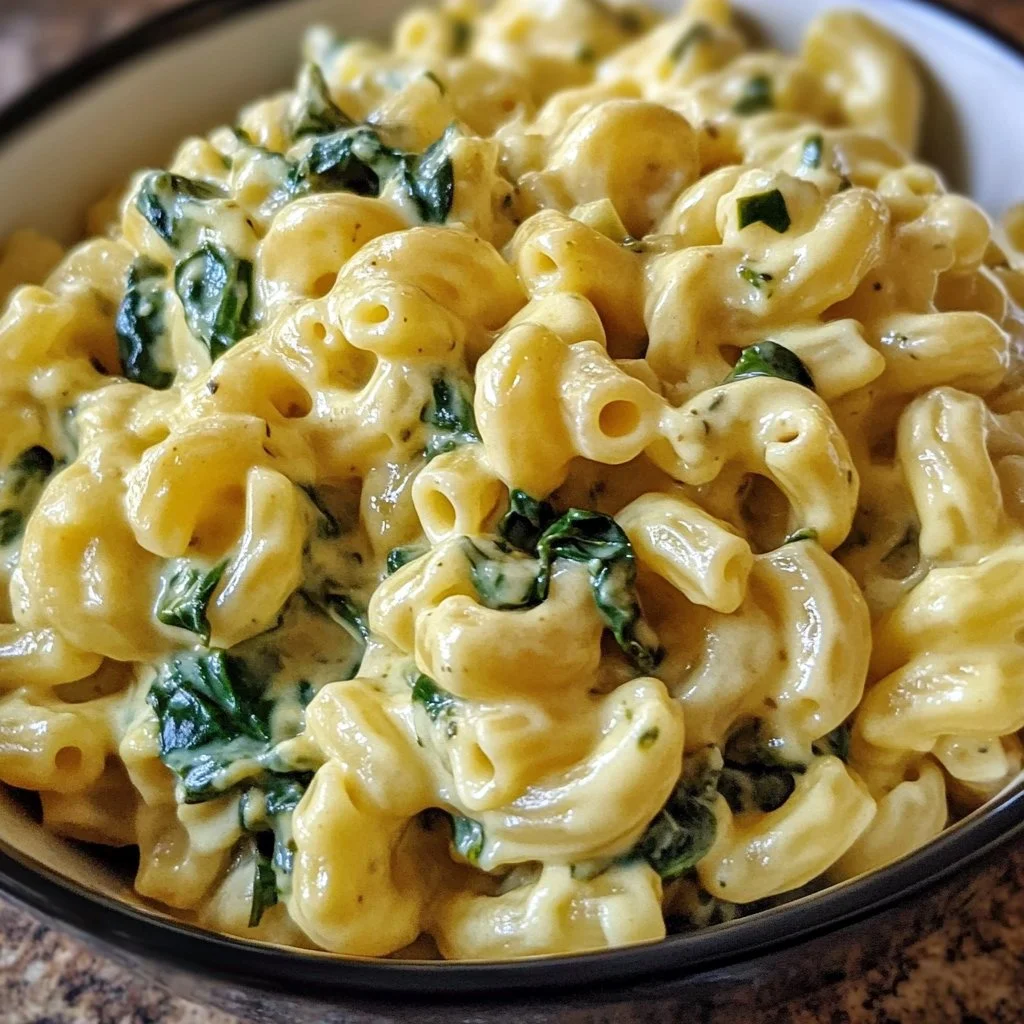 Delicious serving of Spinach Mac and Cheese in a creamy sauce