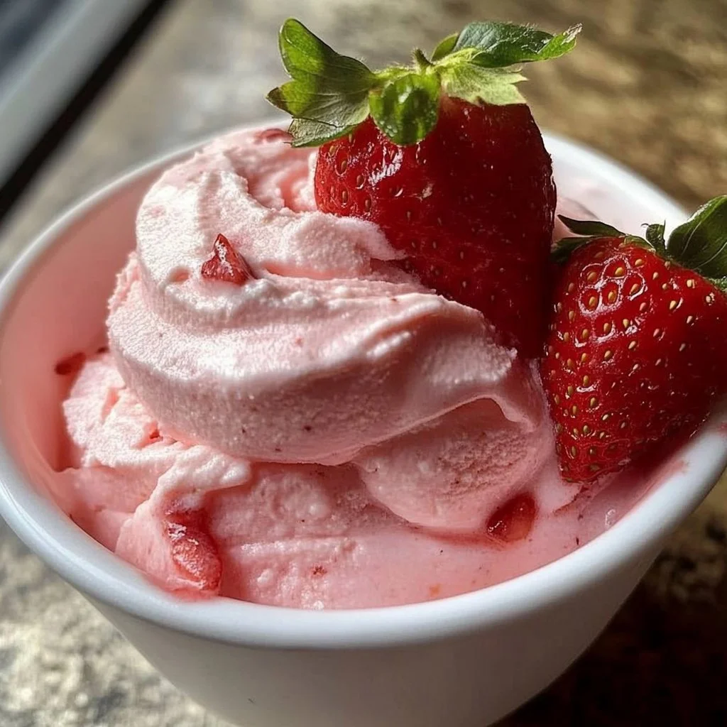 Delicious Strawberry Frozen Yogurt served in a bowl with fresh strawberries
