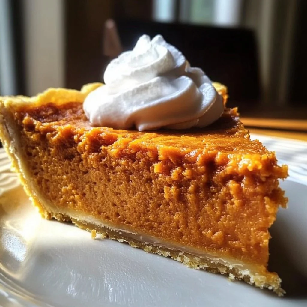 Delicious homemade sweet potato pie topped with whipped cream.