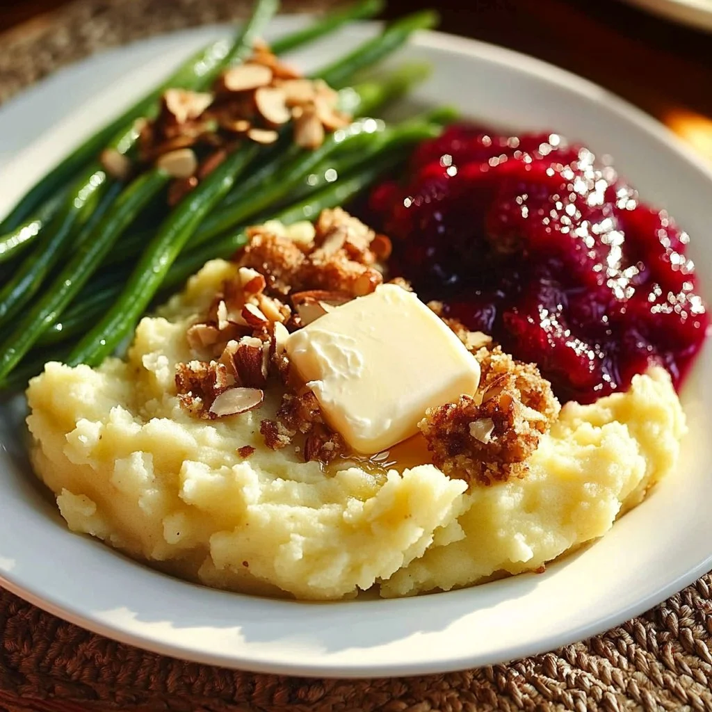 Traditional Thanksgiving classic sides like mashed potatoes and green bean casserole.