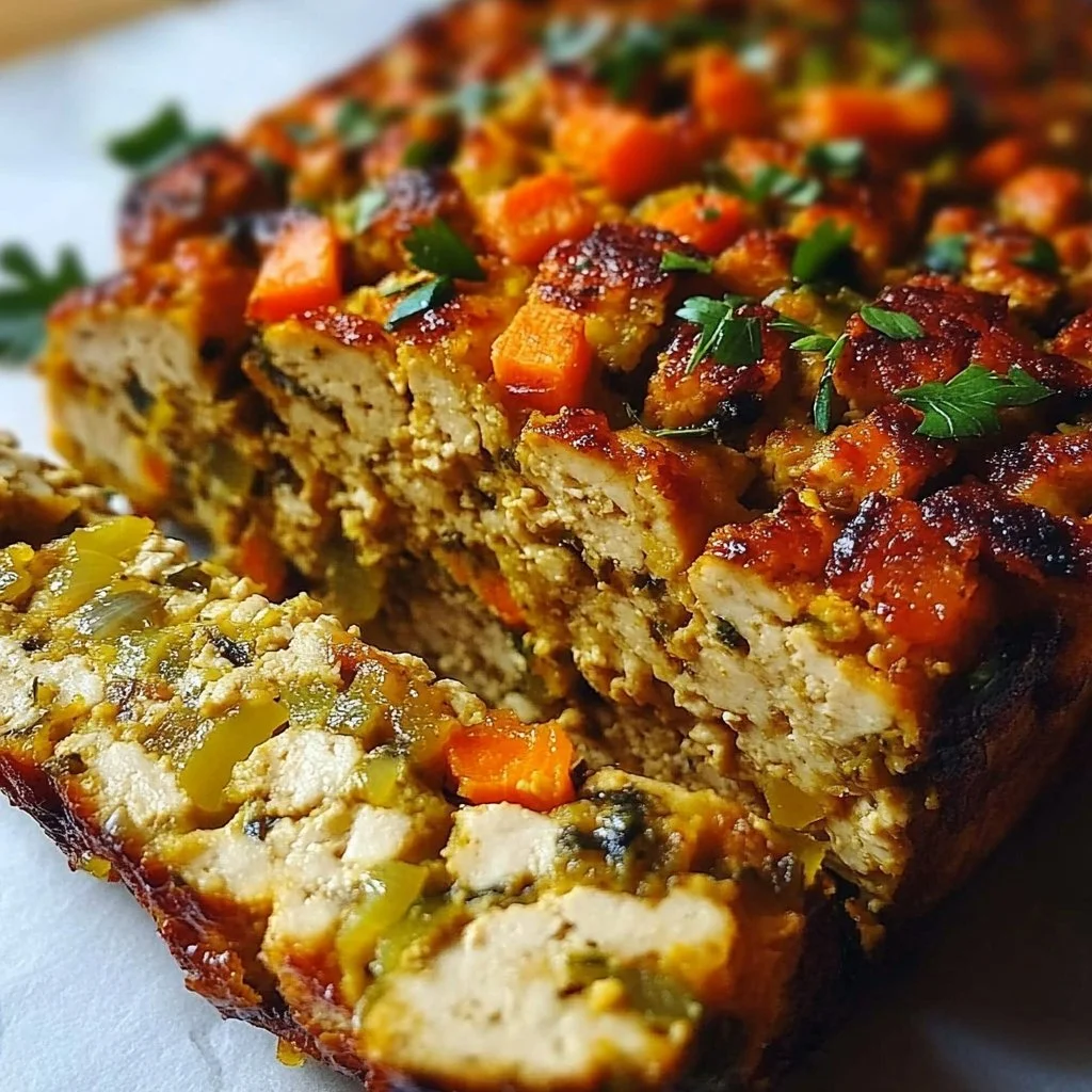 Delicious tofu turkey dish served with vegetables and sauce for a festive meal
