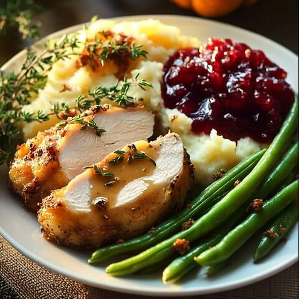 Traditional Thanksgiving dinner featuring turkey, stuffing, and seasonal sides