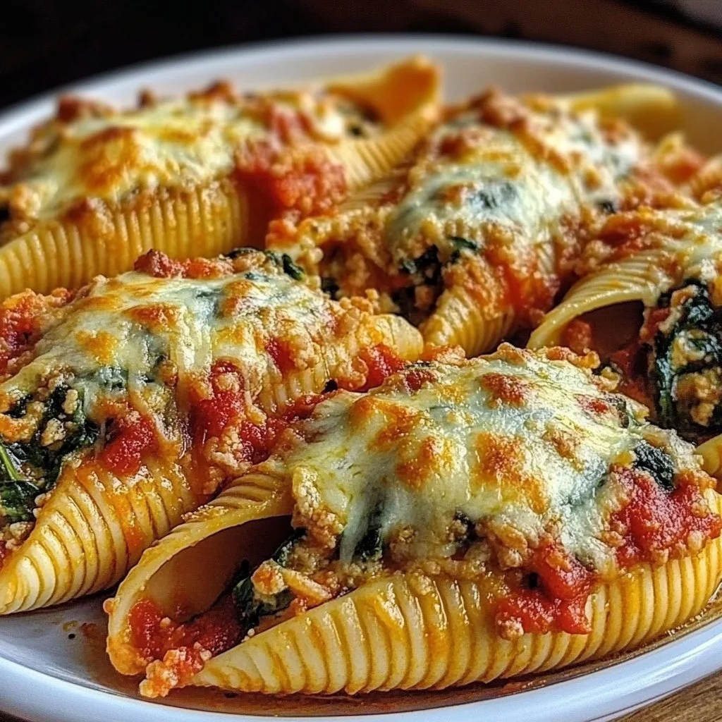 Turkey and Spinach Stuffed Shells topped with cheese and herbs