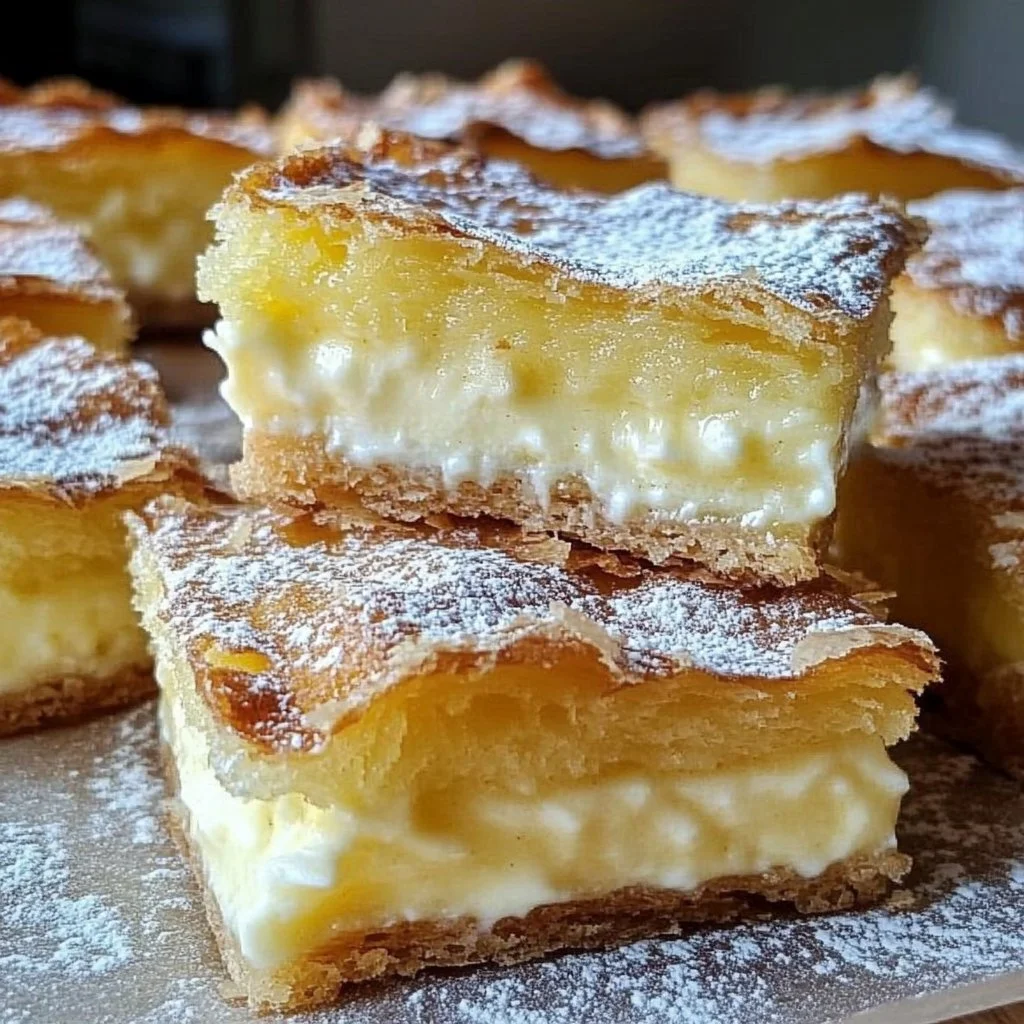 Vanilla Custard Cream Squares topped with a dusting of powdered sugar