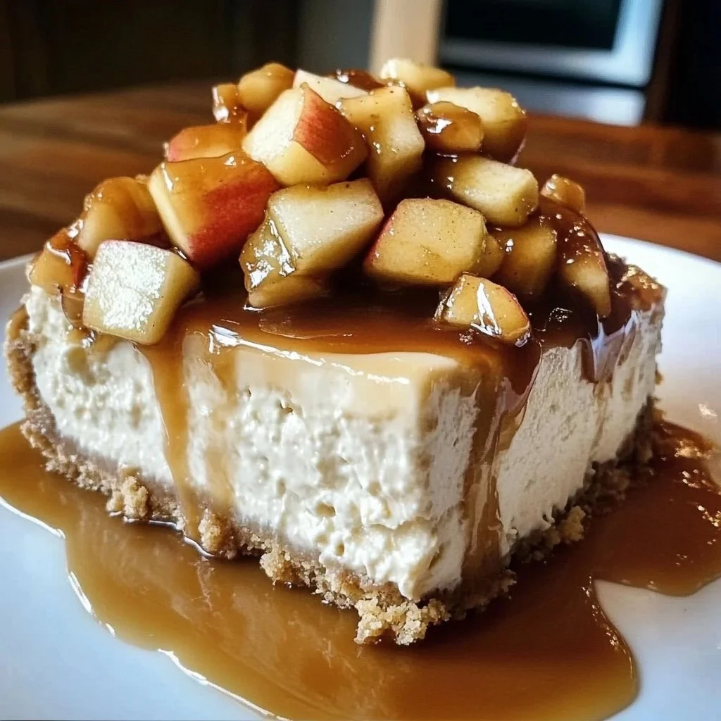 Delicious Vegan Caramel Apple Cheesecake topped with caramel drizzle and apple slices