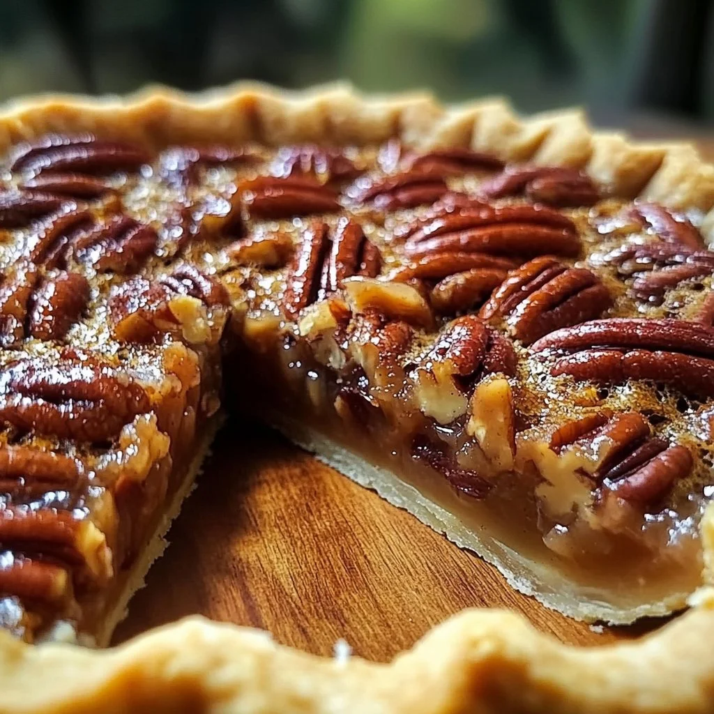 A slice of vegan pecan pie topped with pecans and served on a plate.