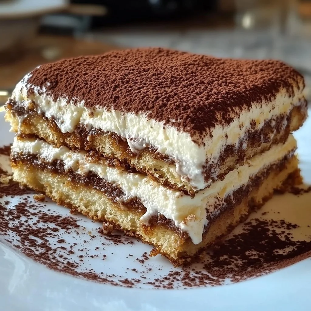 Delicious vegan tiramisu topped with cocoa powder on a white plate