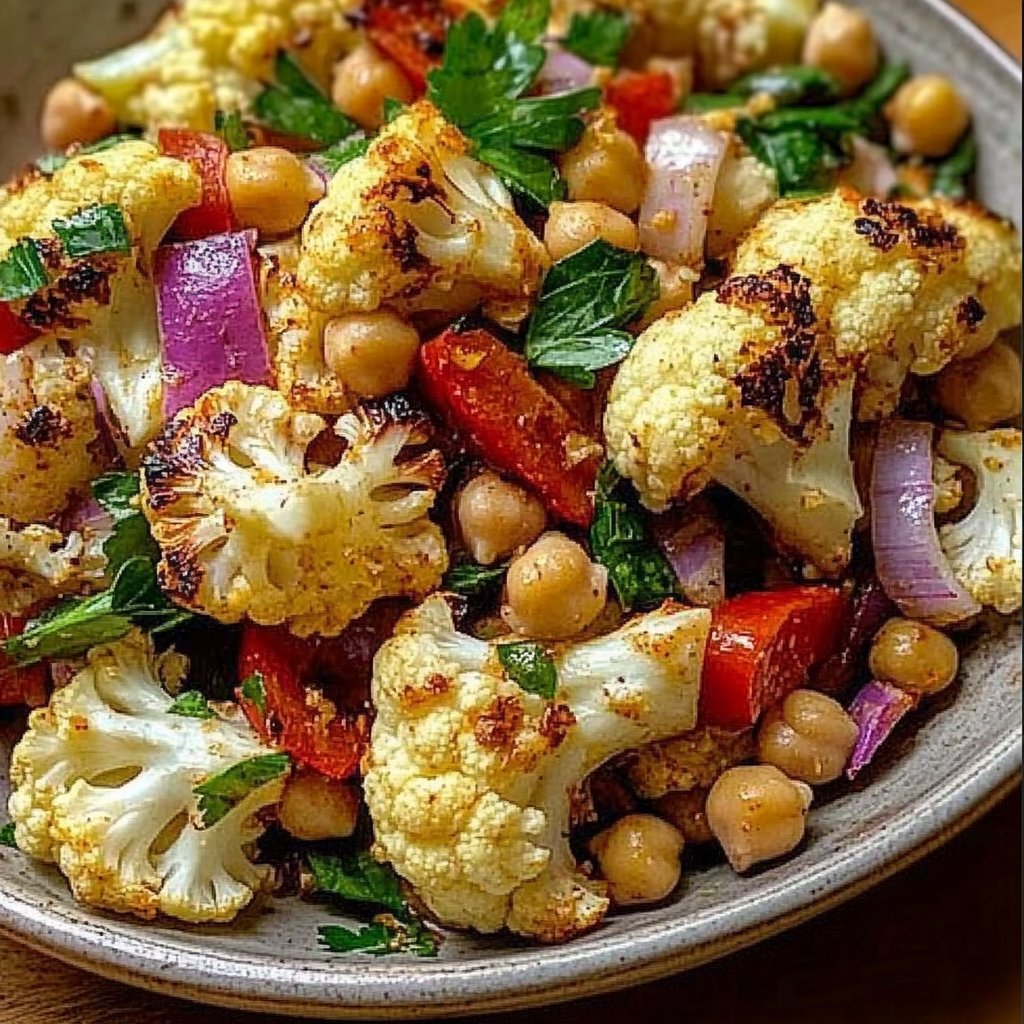 Chickpea and Roasted Cauliflower Salad with Lemon Garlic Dressing