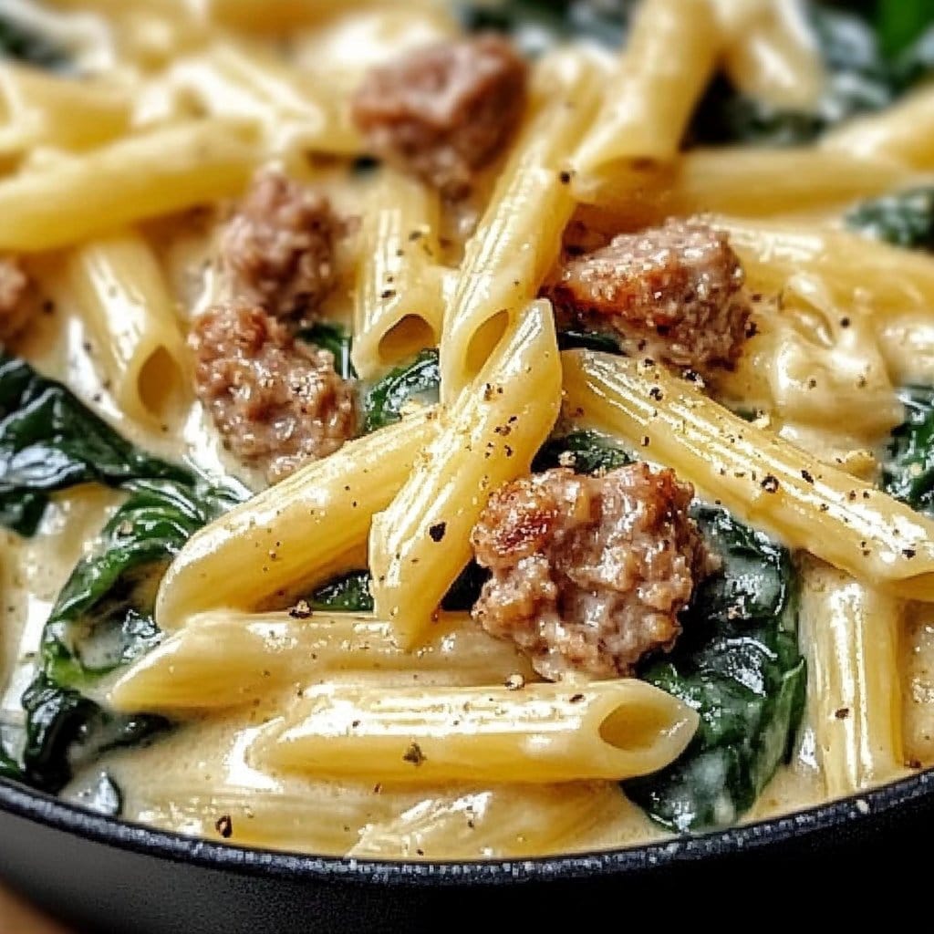 One-Pan Creamy Penne with Spinach and Italian Sausage
