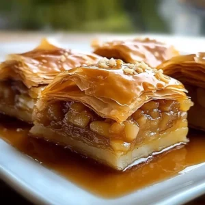 Delicious Apple Pie Baklava drizzled with Maple Syrup on a plate