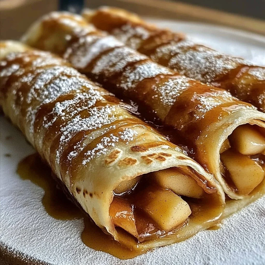 Apple pie tortilla wraps drizzled with brown sugar butter on a plate