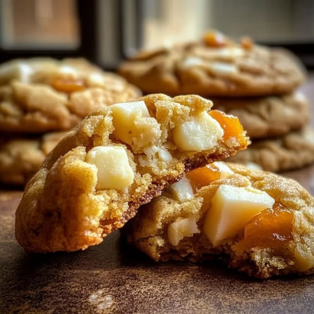 Freshly baked apricot white chocolate cookies on a cooling rack